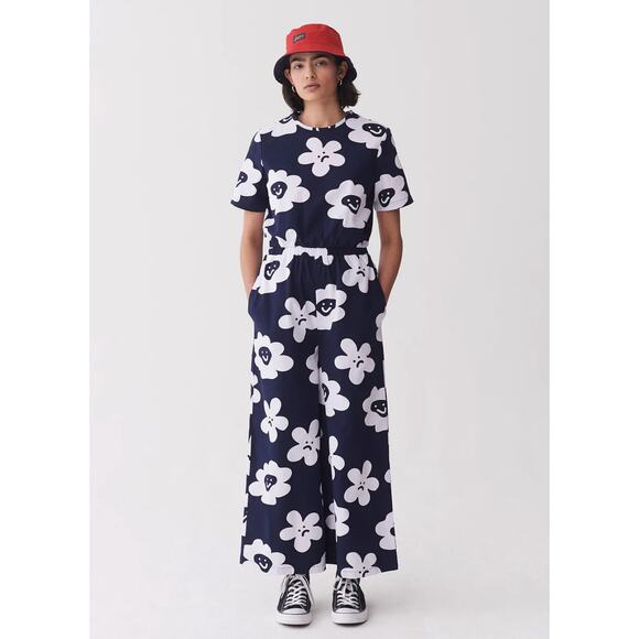 Lazy Oaf Pants - NWT Lazy Oaf Pushing Daisies Floral Smiley Sad Face Wide Leg Jumpsuit Size UK 6